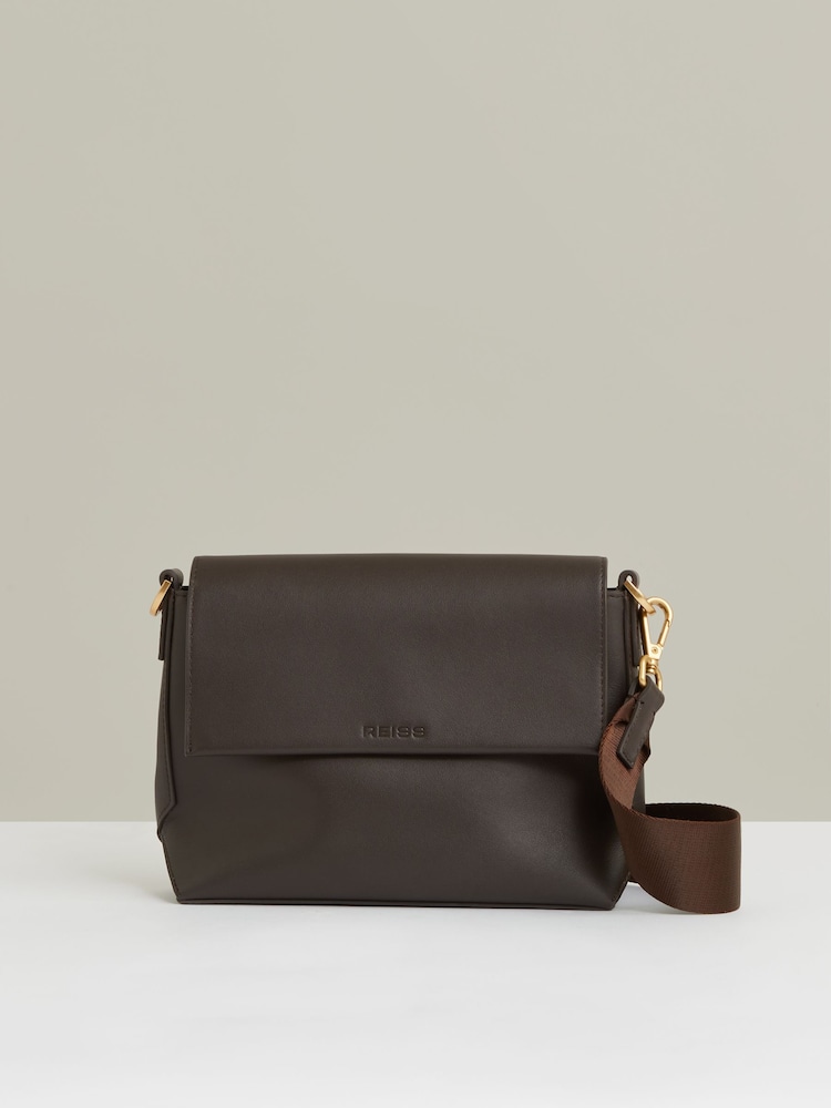 Reiss Chocolate Selena Leather Flap Crossbody Bag - Image 1 of 7