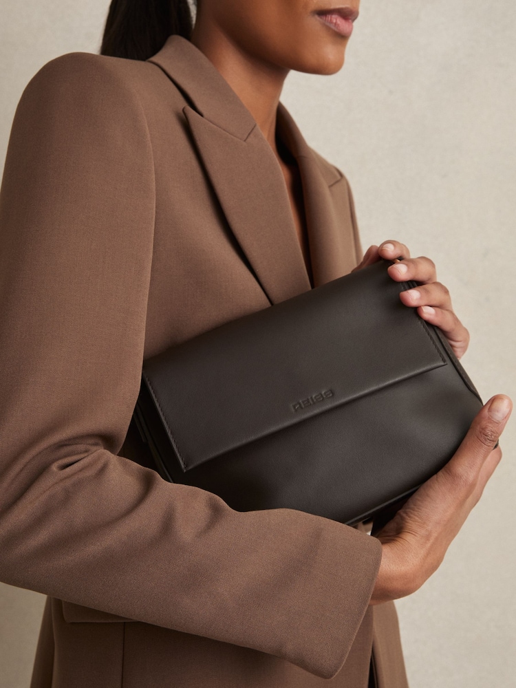 Reiss Chocolate Selena Leather Flap Crossbody Bag