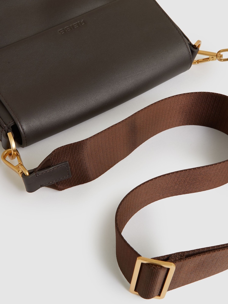 Reiss Chocolate Selena Leather Flap Crossbody Bag - Image 7 of 7