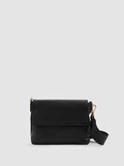 Reiss Black Selena Leather Flap Crossbody Bag - Image 1 of 5