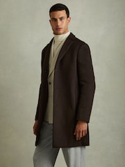 Reiss Chocolate Brown Gable Wool Blend Single Breasted Epsom Overcoat - Image 4 of 7