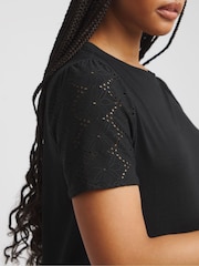 Simply Be Black Broderie Sleeve 100% Cotton T-Shirt - Image 3 of 3