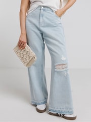 Simply Be Blue Rip And Repair 100% Cotton Wide Leg Jeans - Image 1 of 4
