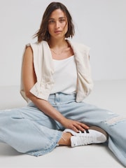 Simply Be Blue Rip And Repair 100% Cotton Wide Leg Jeans - Image 3 of 4