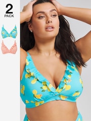 Simply Be Blue Lemon Print/Orange Gingham Value Bikini Tops 2 Pack - Image 1 of 4