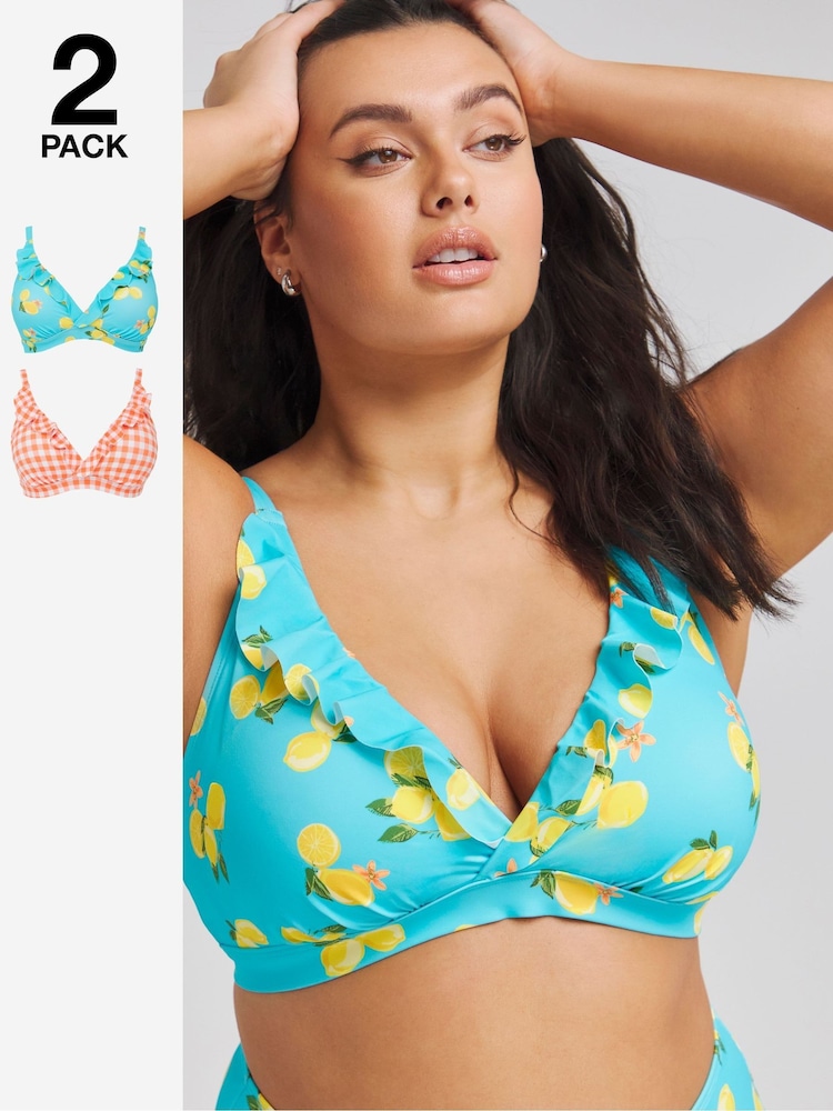 Simply Be Blue Lemon Print/Orange Gingham Value Bikini Tops 2 Pack - Image 1 of 4