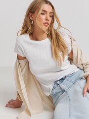 Simply Be White Pointelle Rib 100% Cotton T-Shirt - Image 1 of 4