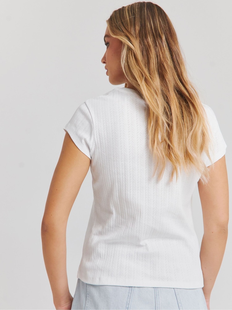 Simply Be White Pointelle Rib 100% Cotton T-Shirt - Image 2 of 4