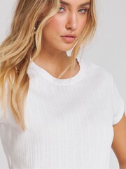 Simply Be White Pointelle Rib 100% Cotton T-Shirt - Image 4 of 4
