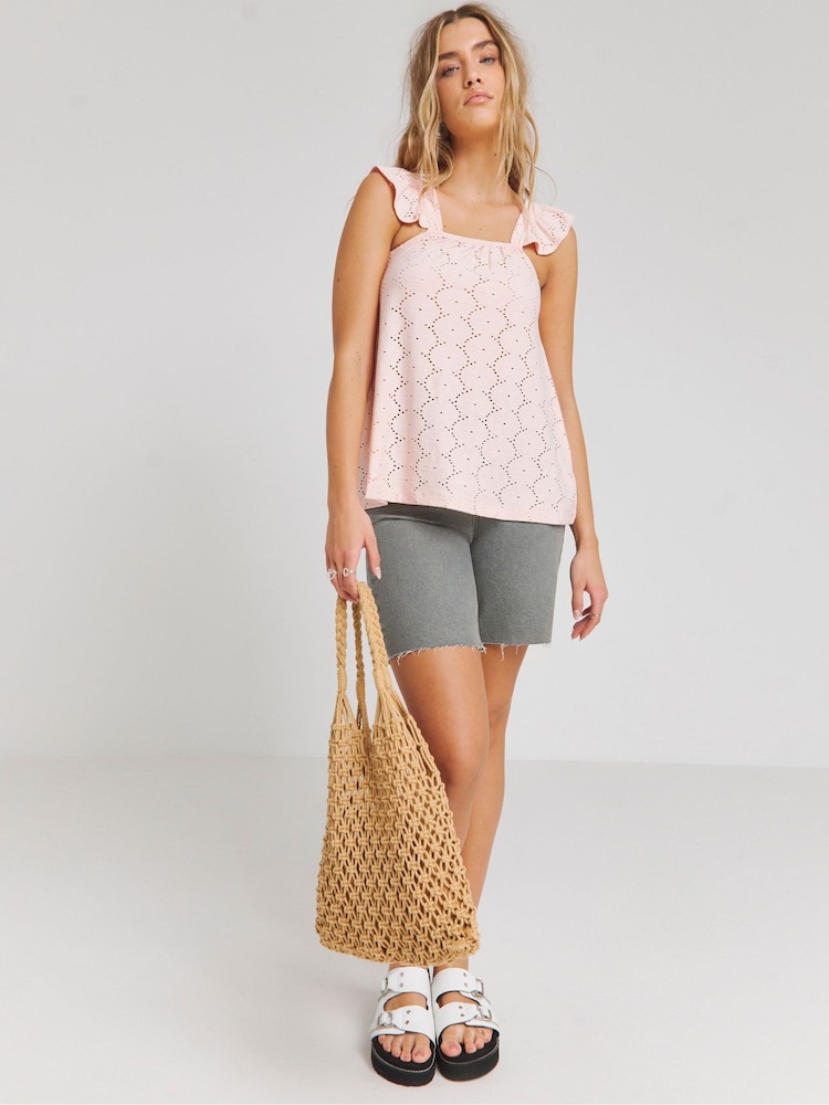 Simply Be Pink Broderie Angel Sleeve T-Shirt - Image 1 of 4