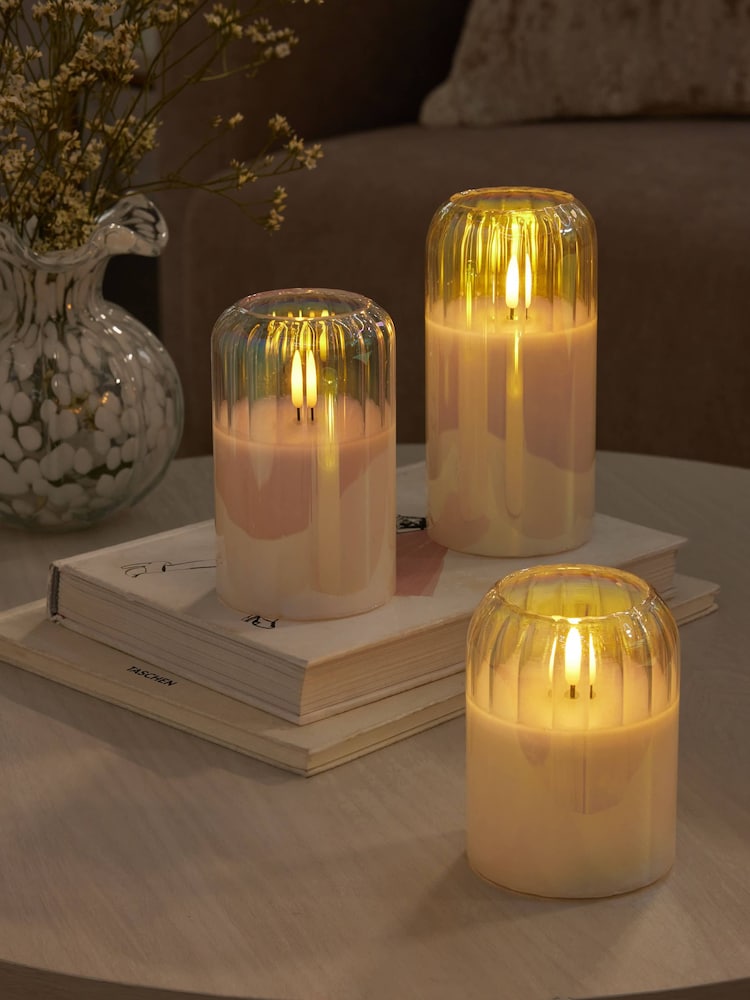 Set of 3 Iridescent Glass Ribbed LED Pillar Candles - Image 2 of 4