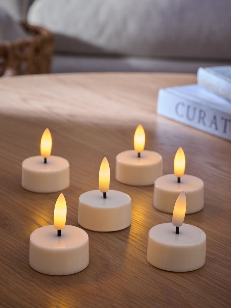 Set of 6 White LED Tea Light Candles with Realistic Flickering Flame - Image 1 of 4