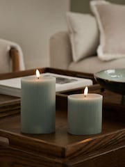 Set of 2 Sage Green Real Wax Ribbed LED Pillar Candles - Image 1 of 5
