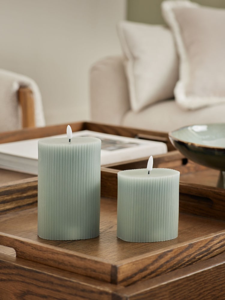 Set of 2 Sage Green Real Wax Ribbed LED Pillar Candles - Image 2 of 5