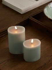 Set of 2 Sage Green Real Wax Ribbed LED Pillar Candles - Image 3 of 5
