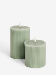 Set of 2 Sage Green Real Wax Ribbed LED Pillar Candles - Image 4 of 5