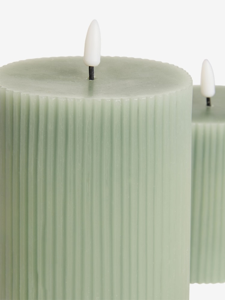 Set of 2 Sage Green Real Wax Ribbed LED Pillar Candles - Image 5 of 5