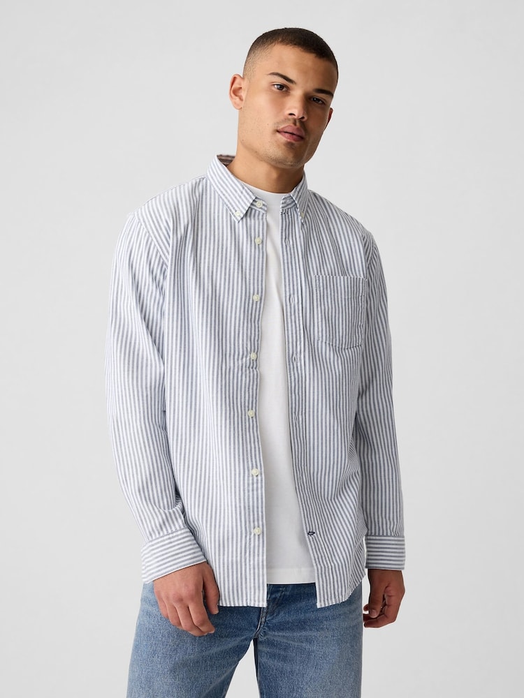 Gap Blue Stripe Cotton Long Sleeve Standard Fit Oxford Shirt - Image 1 of 4