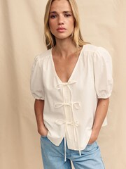 Nobody's Child White Cotton/Linen Mix Bernadetta Top - Image 1 of 5