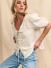 Nobody's Child White Cotton/Linen Mix Bernadetta Top - Image 3 of 5