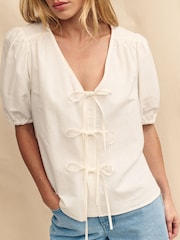 Nobody's Child White Cotton/Linen Mix Bernadetta Top - Image 4 of 5