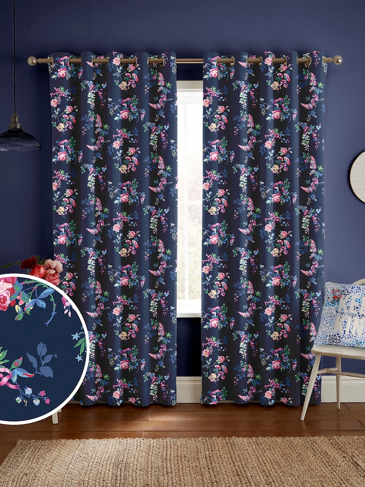 Cath Kidston Navy Blue Ribbon Roses Made to Measure Curtains - Image 1 of 9