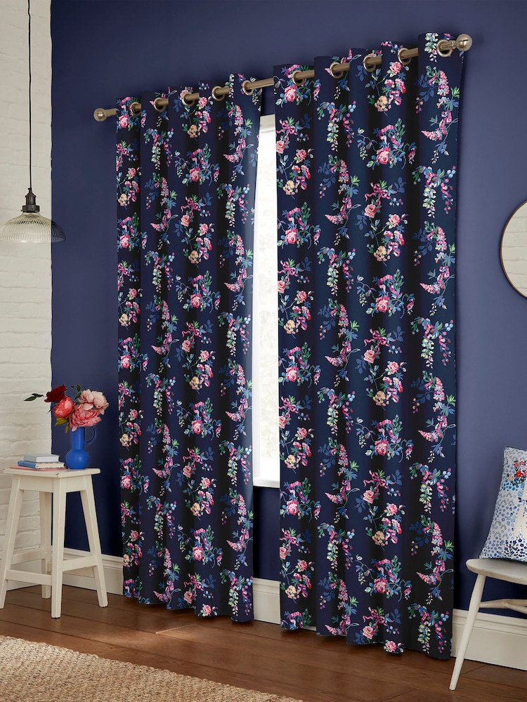 Cath Kidston Navy Blue Ribbon Roses Made to Measure Curtains - Image 2 of 9