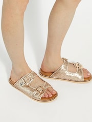 Dune London Gold Lequin Double Buckle Footbed Sandals - Image 1 of 7
