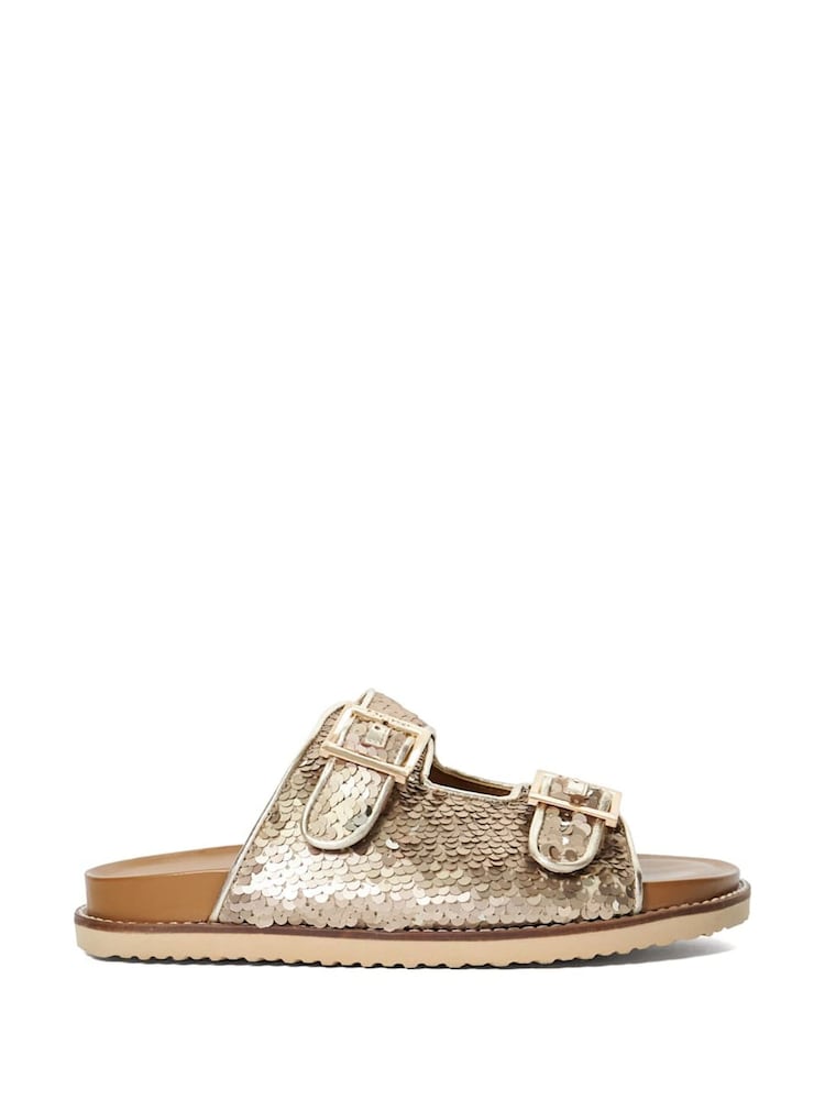 Dune London Gold Lequin Double Buckle Footbed Sandals - Image 3 of 7