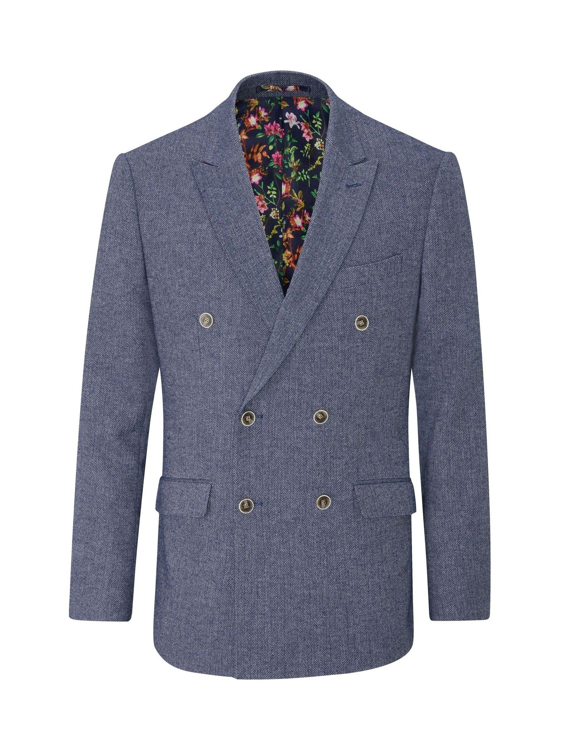 Buy Skopes Blue Tailored Fit Herringbone Double Breasted
