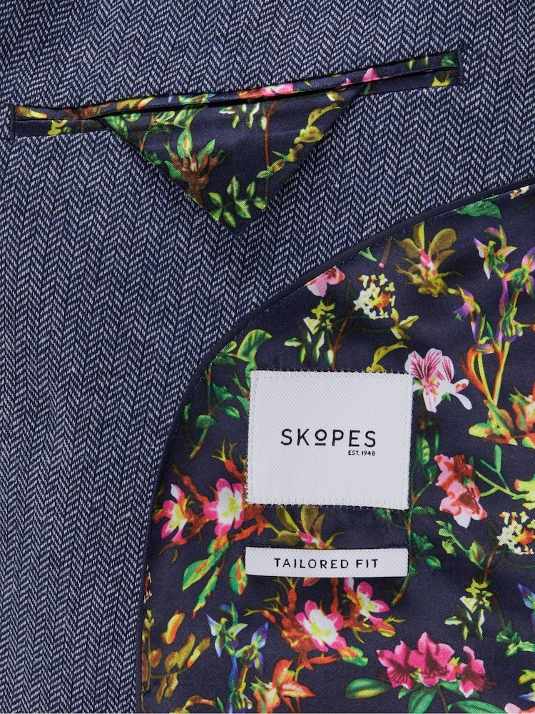 Skopes Blue Tailored Fit Herringbone Double Breasted Suit Jacket - Image 7 of 7