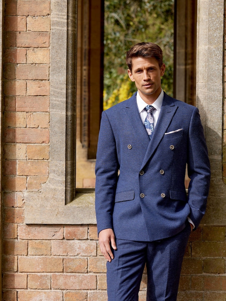 Skopes Navy Blue Tailored Fit Herringbone Double Breasted Suit Jacket - Image 1 of 2