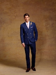 Skopes Navy Blue Tailored Fit Herringbone Double Breasted Suit Jacket - Image 2 of 2