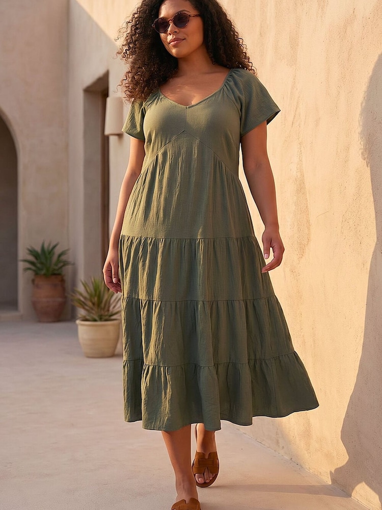 Roman Green Curve Pebble Crepe Tiered Midi Dress - Image 1 of 5 Roman Green Curve Pebble Crepe Tiered Midi Dress - Image 1 of 5