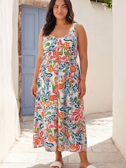 Roman Blue Curve Print Plait Belt Strappy Midi Dress - Image 1 of 4