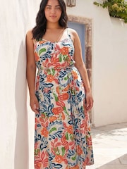 Roman Blue Curve Print Plait Belt Strappy Midi Dress - Image 2 of 4
