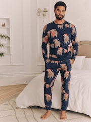 Navy Blue Mens Matching Family Christmas Hamish The Highland Cow 100% Cotton Pyjamas - Image 1 of 4