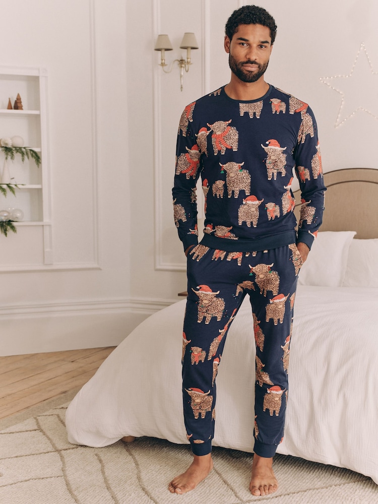 Navy Blue Mens Matching Family Christmas Hamish The Highland Cow 100% Cotton Pyjamas - Image 1 of 4