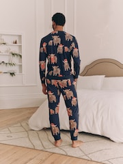 Navy Blue Mens Matching Family Christmas Hamish The Highland Cow 100% Cotton Pyjamas - Image 2 of 4