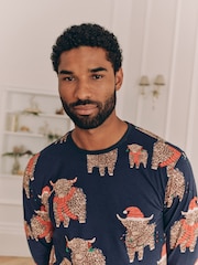 Navy Blue Mens Matching Family Christmas Hamish The Highland Cow 100% Cotton Pyjamas - Image 4 of 4