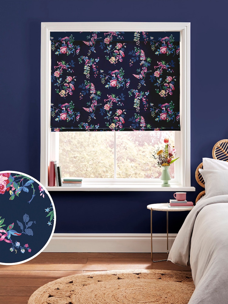 Cath Kidston Navy Blue Ribbon Roses Made to Measure 100% Cotton Roman Blind - Image 1 of 6
