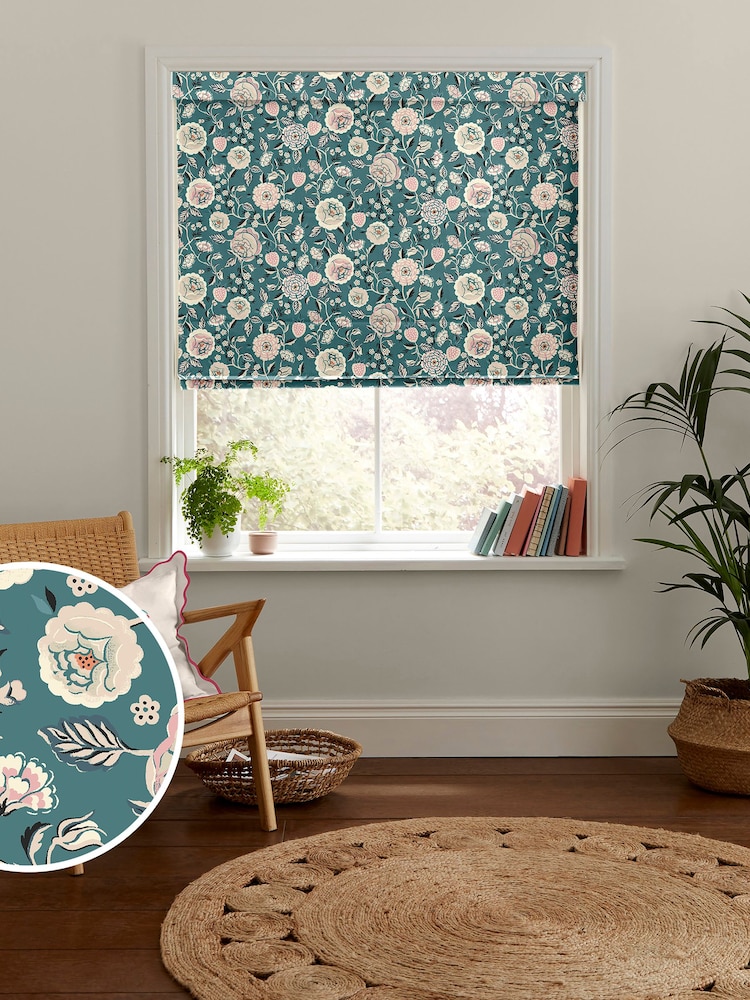 Cath Kidston Teal Blue Strawberry Gardens Made to Measure 100% Cotton Roman Blind - Image 1 of 6
