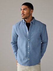 Blue Textured Waffle Long Sleeve 100% Cotton Overshirt - Image 1 of 8
