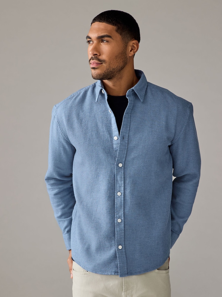 Blue Textured Waffle Long Sleeve 100% Cotton Overshirt - Image 1 of 8
