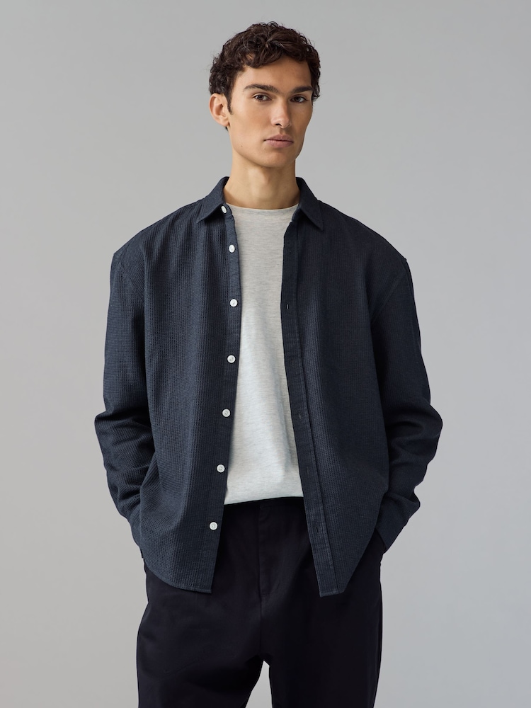 Black Textured Waffle Long Sleeve 100% Cotton Overshirt - Image 1 of 8