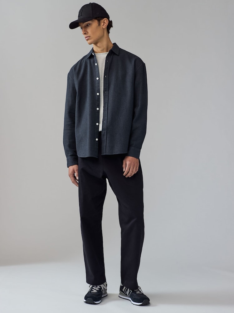 Black Textured Waffle Long Sleeve 100% Cotton Overshirt - Image 3 of 8