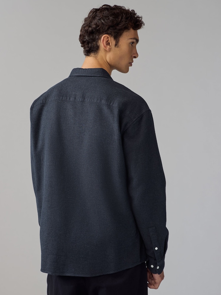 Black Textured Waffle Long Sleeve 100% Cotton Overshirt - Image 4 of 8
