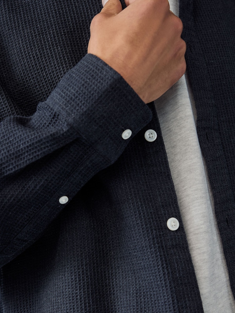 Black Textured Waffle Long Sleeve 100% Cotton Overshirt - Image 5 of 8