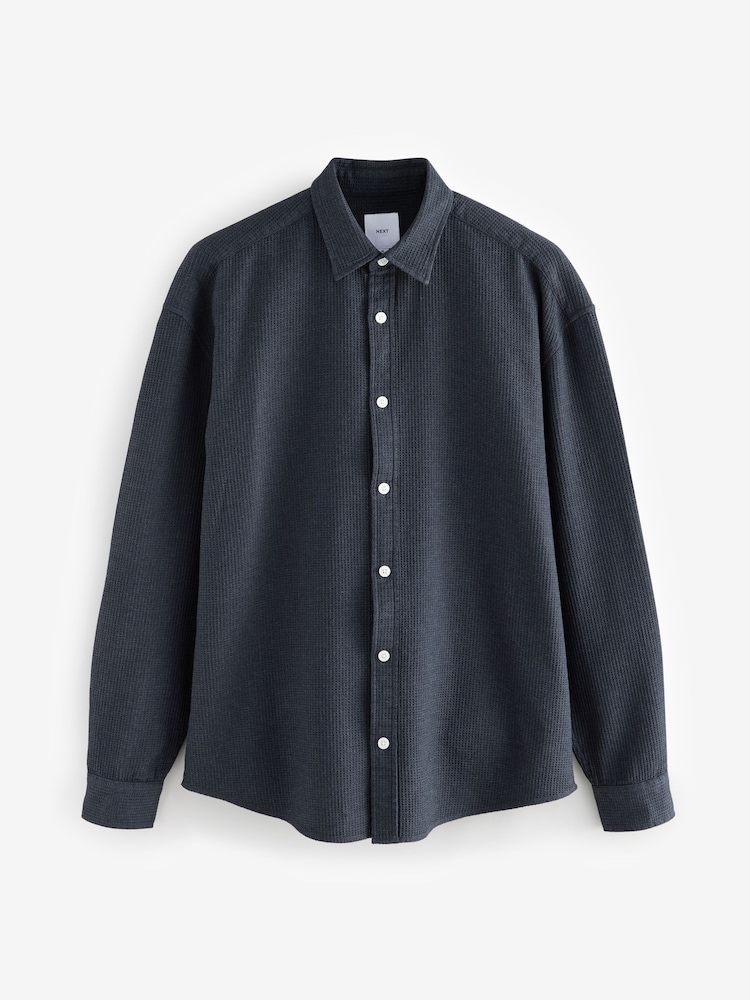 Black Textured Waffle Long Sleeve 100% Cotton Overshirt - Image 6 of 8