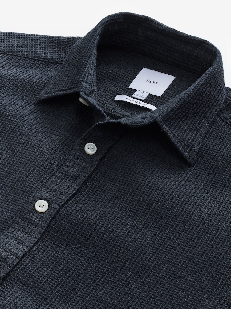 Black Textured Waffle Long Sleeve 100% Cotton Overshirt - Image 7 of 8